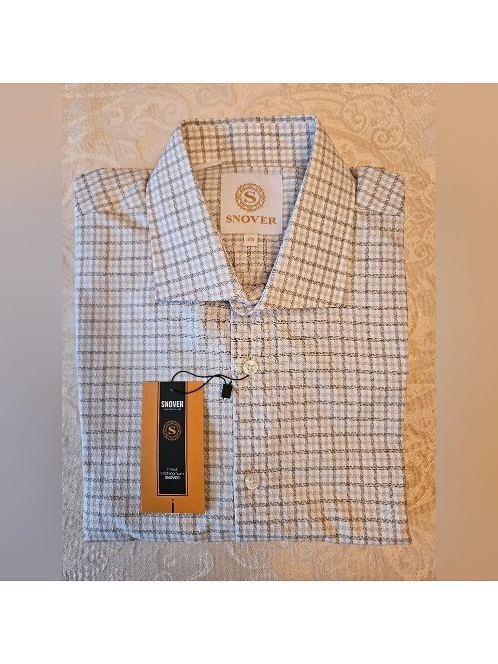 Men's Formal Grey Cotton Grid Checkered Shirt, Snover, NWT, 43, 17", XL